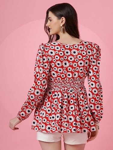 Image of Sheetal Associates Women's Crepe Puff Sleeves Peplum Top with Floral Printed Regular Fit Full Sleeve and V-Neck Maxi Length
