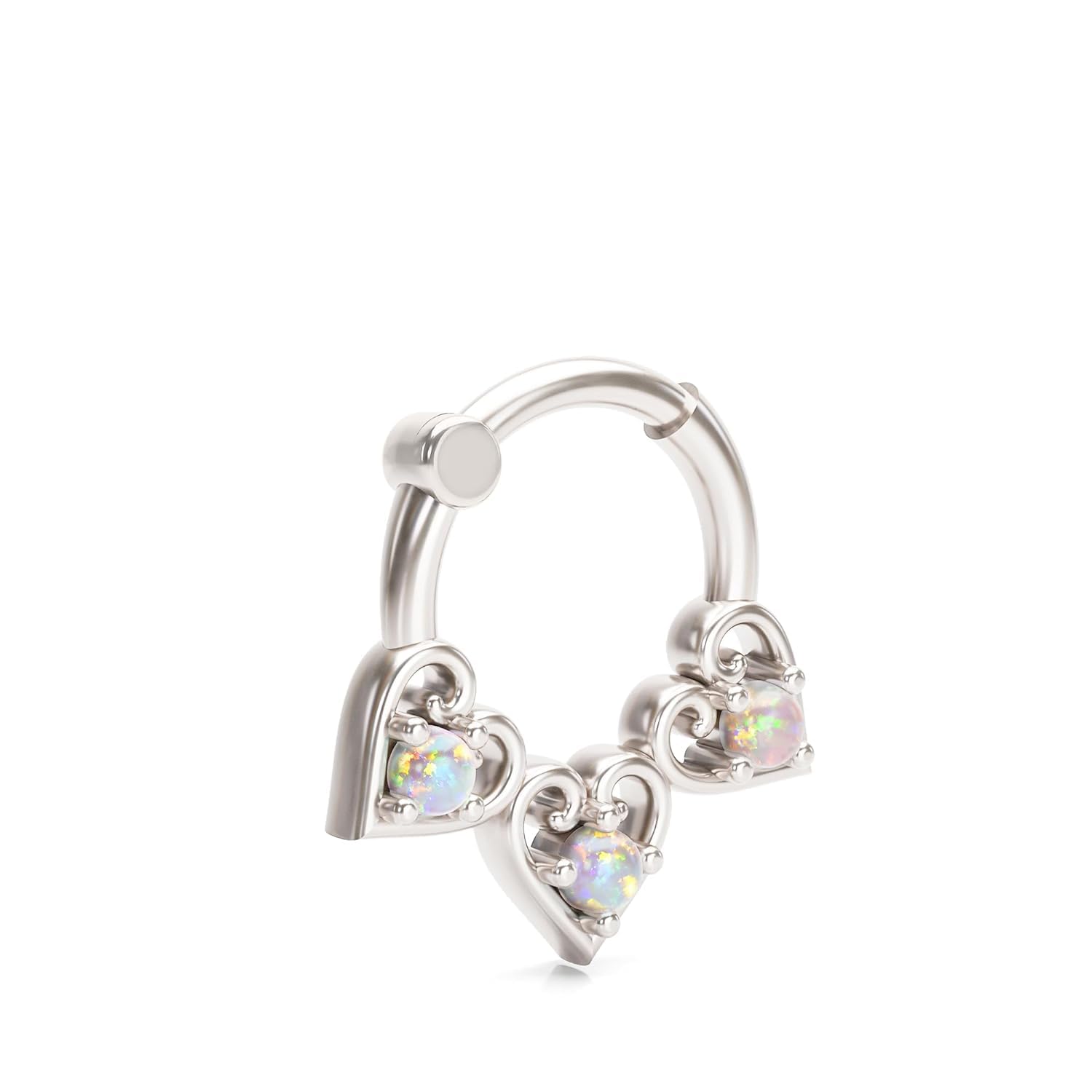 Umanative Design Sterling Silver Lab Opal Heart Septum Ring, 16g Septum Clicker Hoop, Cute Body Jewelry, October Birthstone, Snug Fit 8mm Septum Hoop