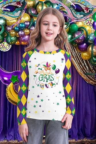 Image of Mardi Gras Shirt for Kids: Toddler Boys Girls Mardi Gras Long Sleeve Happy Carnival Outfits Mask Graphic Tee 4-12 Years