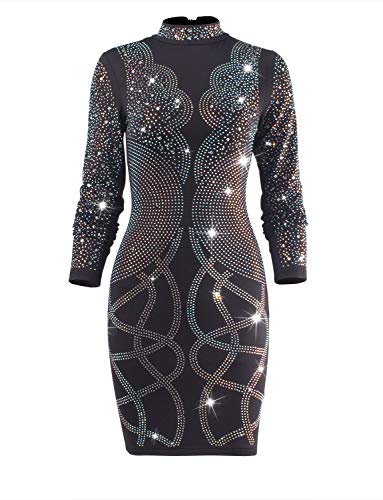 VWIWV Women Long Sleeve Dress Geometric Retro Sparkly Bodycon Party Mini Dress with Zipper