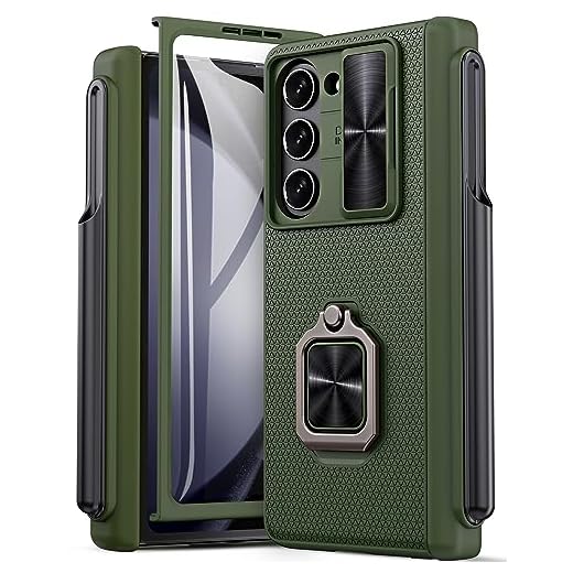BXYJY Capa para Samsung Z Fold 5 com suporte de caneta S e suporte de anel embutido e capa de lente deslizante e protetor de tela e proteção de dobradiça, capa robusta de camada dupla de 360° para Galaxy Z Fold 5 5g 2023, verde
