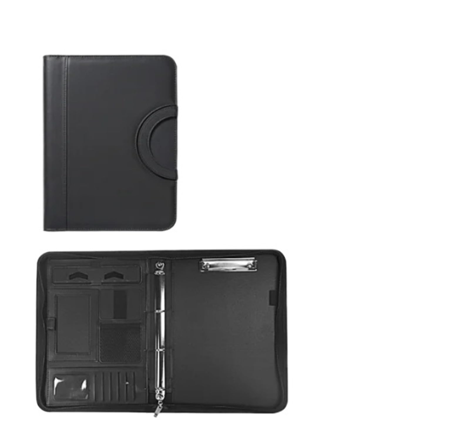 Raccoglitore in pelle A4 con cerniera for calcolatrice, cartella for documenti, cartella, valigetta, tablet, borsa con manico circolare portatile, porta buste(Black)