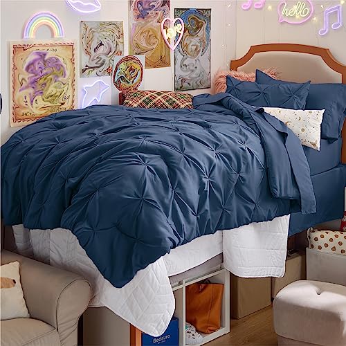 Image of Bedsure Twin Comforter Set Navy Blue - Bed in a Bag Twin Size Bedding 5 Pieces, GentleSoft Pintuck Bed Set Gift for Family, All Season Down Alternative Comforter with Sheets, Pillowcase & Sham