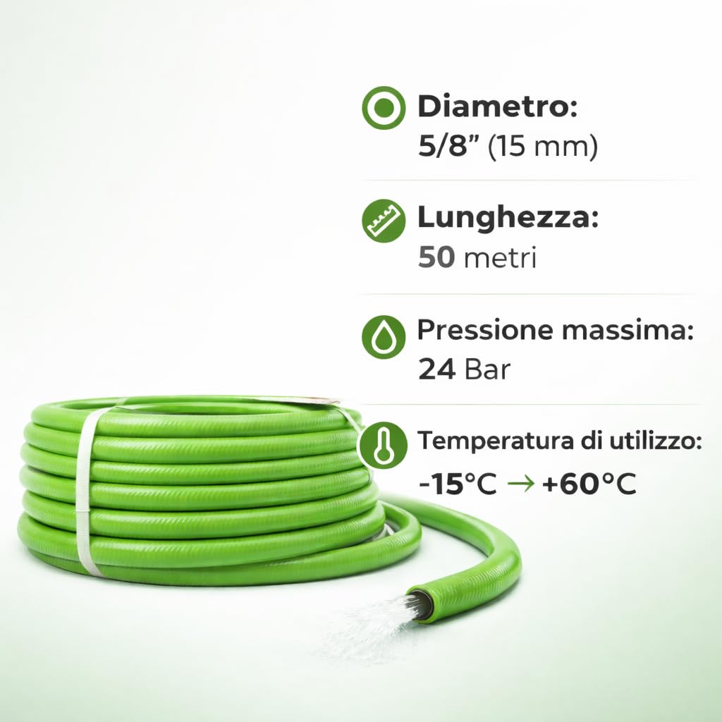 ValOak Superflex Universal Tubo Irrigazione Giardino 5/8" | PVC Atossico 5 Strati 12 Fili Antitorsione 24 Bar | Made in Italy (50 mt)