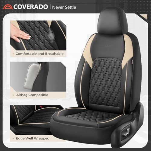 Image of Coverado Front Seat Covers, Car Seat Covers for Cars, Faux Leather Driver Seat Covers, Waterproof Car Seat Cushion, Front Auto Seat Covers Luxury Car Seat Protector Universal Fit Most Cars Black&Beige