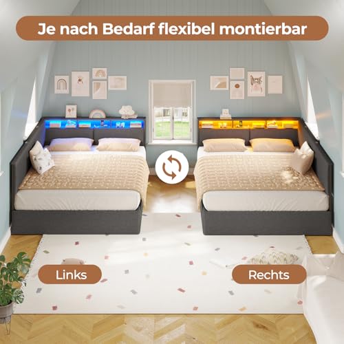 AOGLLATI Polsterbett Schlafsofa 140x200 mit USB-Steckdosen & hydraulischem Stauraum, Betten 140x200 mit LED-Kopfteil & Lattenrost, Kinderbett Tagesbett, Doppelbett, Leinen, Dunkelgrau (ohne Matratze)