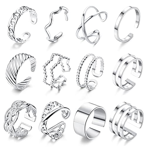 JeweBella 12 Stück Offene Ringe Set für Damen Edelstahl Knöchel Ringe Silber/Gold Stapelbare Ringe für Frauen Daumenring Trendy Stapelringe Set Minimalistischer Fingerringe Set