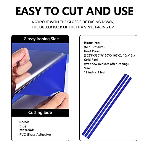 Image of FUNKAKA Heat Transfer Vinyl Rolls, 12 inch x 9ft Blue Iron on Vinyl for Shirt | Glossy HTV Vinyl for All Cutter Machines - Easy to Cut & Weed for Heat Vinyl Design