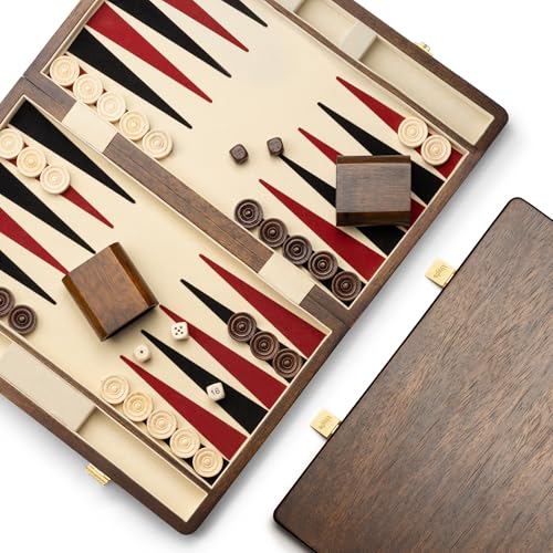 Lingle Juegos de backgammon de nogal natural de 14.5 pulgadas para adultos, 30 damas de cuerno artificiales, 2 tazas de dados de nogal y 5 dados de madera, juego de mesa clásico de estrategia para dos