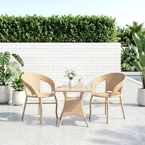 Image of BRISHI 3-Piece Outdoor Rattan Wicker Patio Square Coffee Table Set | Garden Furniture for Balcony, Terrace, Poolside & Porch | Waterproof Bistro Sets for Home & Backyard (Cream)