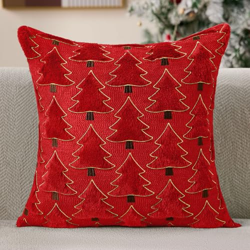 Image of Allorry Christmas Pillow Covers 18x18 inch Set of 2 Christmas Decorations Soft Plush Faux Fur Wool Red Christmas Tree Throw Pillow Cases Winter Holiday Decor for Sofa Living Room PT012B18