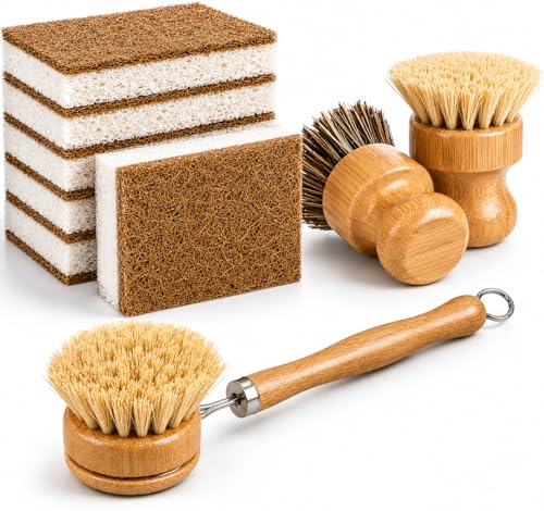 Natural Cleaning Set 2 Palm Bristle Dish Brushes + 1 Long Handle Palm Brush + 5 Coconut Non-Scratch Scrub Pads Plastic-Free Kitchen Cleaning Tools Eco-Friendly & Durable