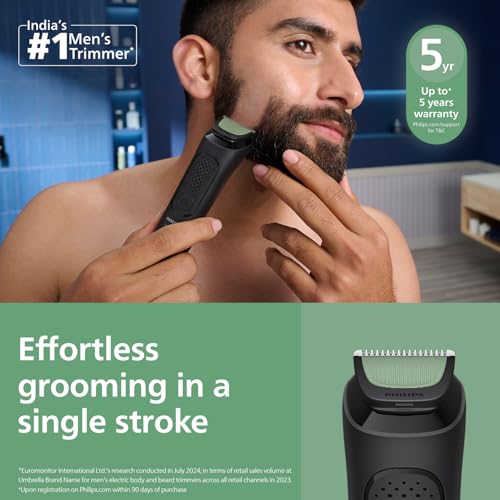 Image of Philips India's No.1 Men's Trimmer | Single stroke beard trimming | 9-in-1 All in One Grooming Kit- Face, Hair & Body| Ear /Nose Trimmer attachment | Intimate Comb | 2+3yrs* warranty | MG3927
