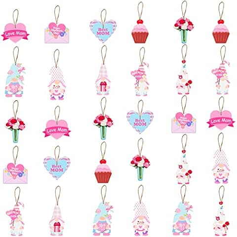 Haooryx 31Pcs Mother's Day Wood Hanging Ornaments, Wooden Gnome Elves Pendant Slices Tags Hanging Decoration Mom Birthday Party Favor Supplies Anniversary Home Hanger Decorations Cover