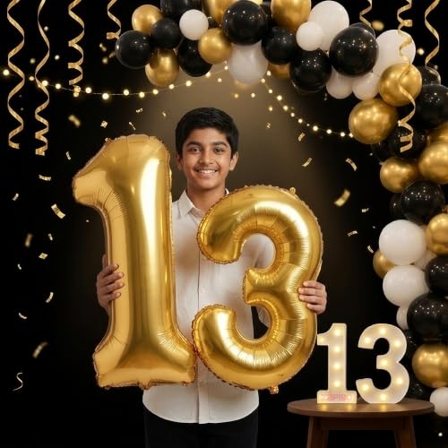 Image of Balloonistics Gold 40-Inch Foil Number 13 Balloon with Matching LED Marquee Light - Combo Set for 13th Birthday Decoration, Photo Booth Backdrop, Party Decor