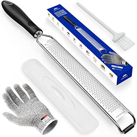 Sunivaca Lemon Zester Tool, Zester Grater with Handle, Citrus Zester, Parmesan Cheese Grater Handheld - Sharp Premium Stainless Steel Fine Blade Extra Long Size with HPPE Resistant Cut Glove