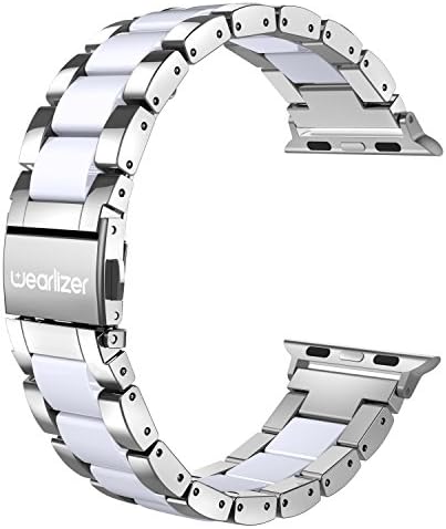 Wearlizer Silver Compatible with Apple Watch Band 38mm 40mm 41mm for iWatch SE Fashion Womens Mens Stainless Steel Strap White Resin Wristband Replacement Bracelet Metal Series SE 8 7 6 5 4 3 2 1