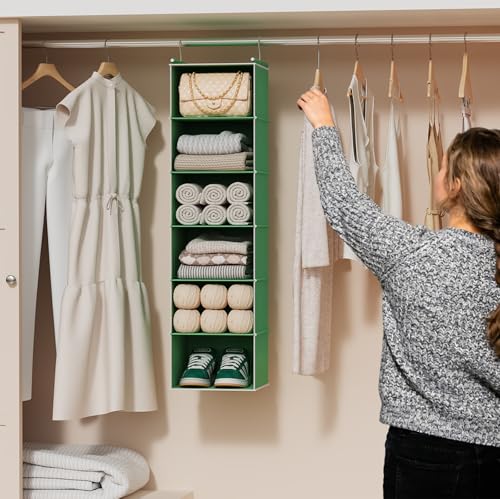 Image of MAX Houser 6-Shelf Hanging Closet Organizer, Hanging Storage Shelves with 2 Sturdy Hooks Space-Saving for Bedroom, Foldable (Green)