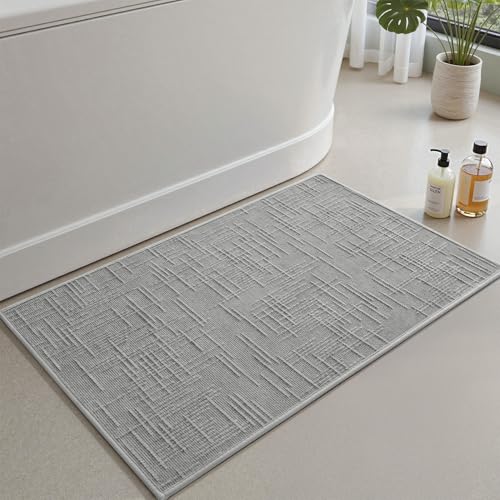 AMOAMI Bath Mat Non Slip Super Absorbent Quick Dry Bath Mats for Bathroom Floor Rubber Backing Washable Bathroom Rugs Modern Woven Jacquard Mat, Beside Tub Bath Rugs, 17" x 24", LightGrey