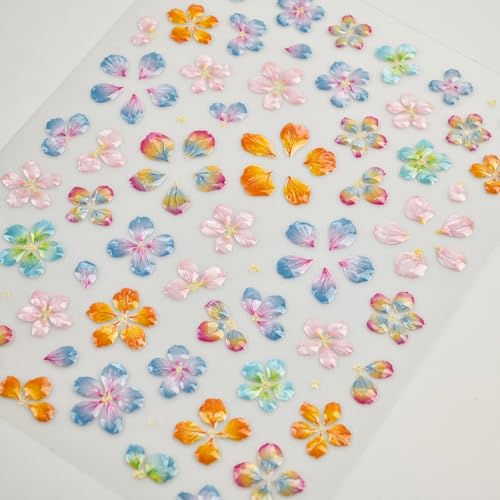 Image of Flower Nail Stickers for Nail Art Colorful Spring Summer Floral Nail Decals 5D Embossed Self Adhesive with Design Five-petaled Flowers Nail Charm for Women Girls Kid Manicure Supplies Accessories