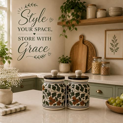 Image of Ceramic Kitchen Jars for Storage | Air Tight Containers with Wooden Lids | Masala, Salt, Pickle, Dry Fruits & Multi Utility Items Organiser Set (Hand-Painted, Green Leaf, 450 ML, Pack of 2)