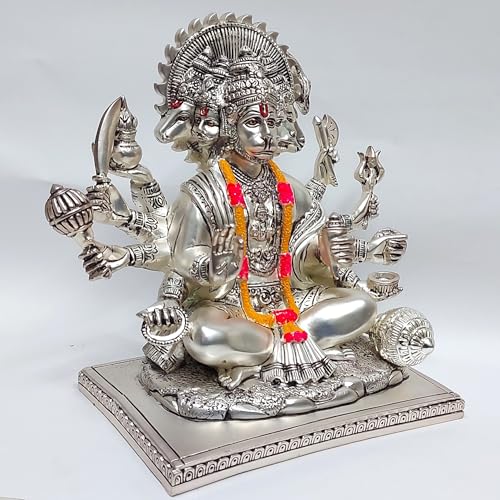 Image of Gold Art India Silver Plated Matte Panchmukhi Hanuman Idol | Bajrang Bali Murti for Mandir | with Enamel Work Showpiece Figurine for Home Temple, Gifting(23L x 18W x 23H cm) (SILVERMATTE)