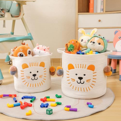 Image of Large Blanket Baskets for Living Room Decor, Toy Storage Baskets Woven Cotton Rope Animal Storage Basket for Kids, Dog Toys Organizer Clothes Hamper with Embroidery Decor for Nursery (Large, Lion)