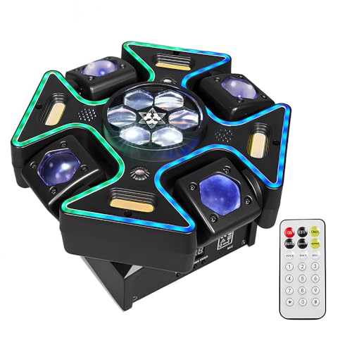 MINGJIE 4 Arm Moving Head DJ Lights, 150W RGBW LED Stage Lighting with Strobe & Bee-Eye Effect, Red/Green Starlight, DMX512,Remote Control,Sound Activated, 540°Rotation for Parties,Clubs,Disco,Bar
