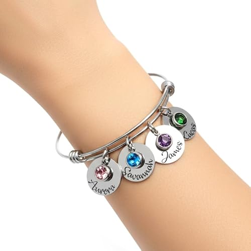Personalized Silver Mother’s Bracelet with Kids’ Names & Birthstones – Custom Engraved Jewelry Gift for Mom, Mother’s Day, or Birthday