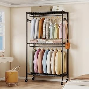 Heavy Duty Rolling Garment Rack, 3 Tiers Adjustable Wire Shelving Clothes Rack with Double Rods and Side Hooks, Freestanding Wardrobe Storage Metal Clothing Rack, 45"W X 17.7"D X 80.7"H, Black Heavy Duty Rolling Garment Rack 3 Tiers Adjustable Wire Shelving Clothes Rack with Double Rods and Side Hooks Freestanding Wardrobe Storage Metal Clothing Rack 45W X 177D X 807H Black