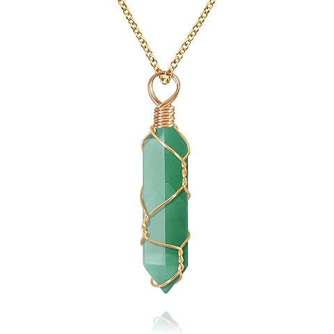 VIBILIA Healing Crystal Necklace Wire Wrapped Natural Green Aventurine Stone Point Pendant Necklace Hexagonal Reiki Spiritual Quartz Gemstone Stone Jewelry for Women Men
