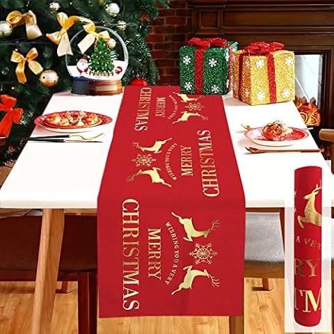 Rollo de Camino de mesa de Navidad de lino rojo con copo de nieve de alce oro Cover