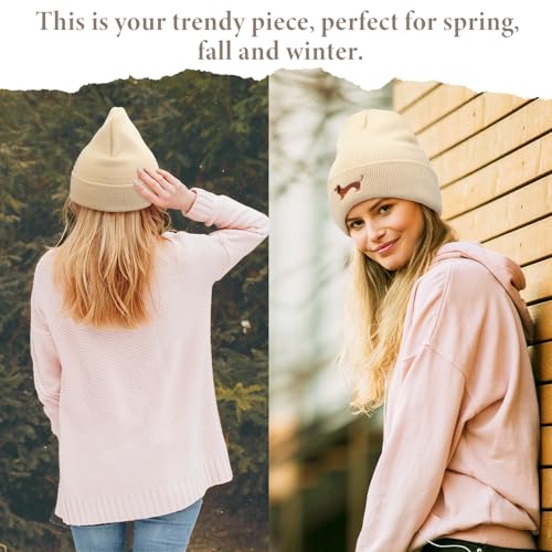 Geyoga Warme Weiche Wintermütze Winter Beanie Mütze Strickmütze mit Stickerei Kalte Mütze mit Hundestickerei Geschenk Strickmütze für Hundebesitzer(Beige,Einfacher Dackel)