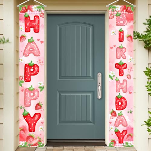 Image of Avezano Berry First Birthday Banner Strawberry Shortcake Porch Banner Strawberry Birthday Decorations for Girls Indoor Outdoor