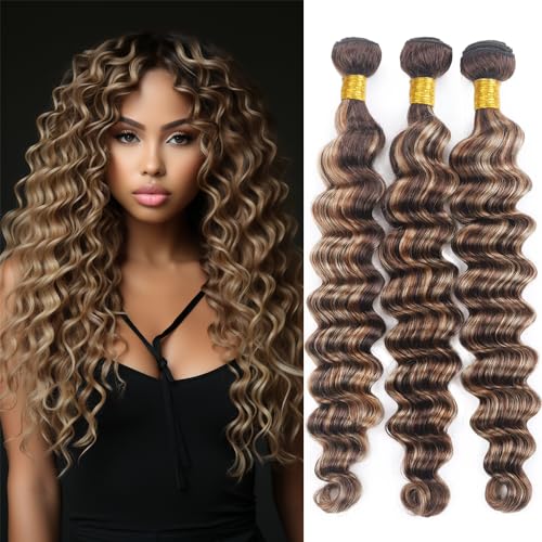 Ombre Highlight Brown Bundles Human Hair P4/613 Blonde Deep Wave Bundles Brazilian Human Hair Two Tone Brown Mixed With Highlight Blonde Deep Curly Bundles for Black Women 18 20 22 Inch