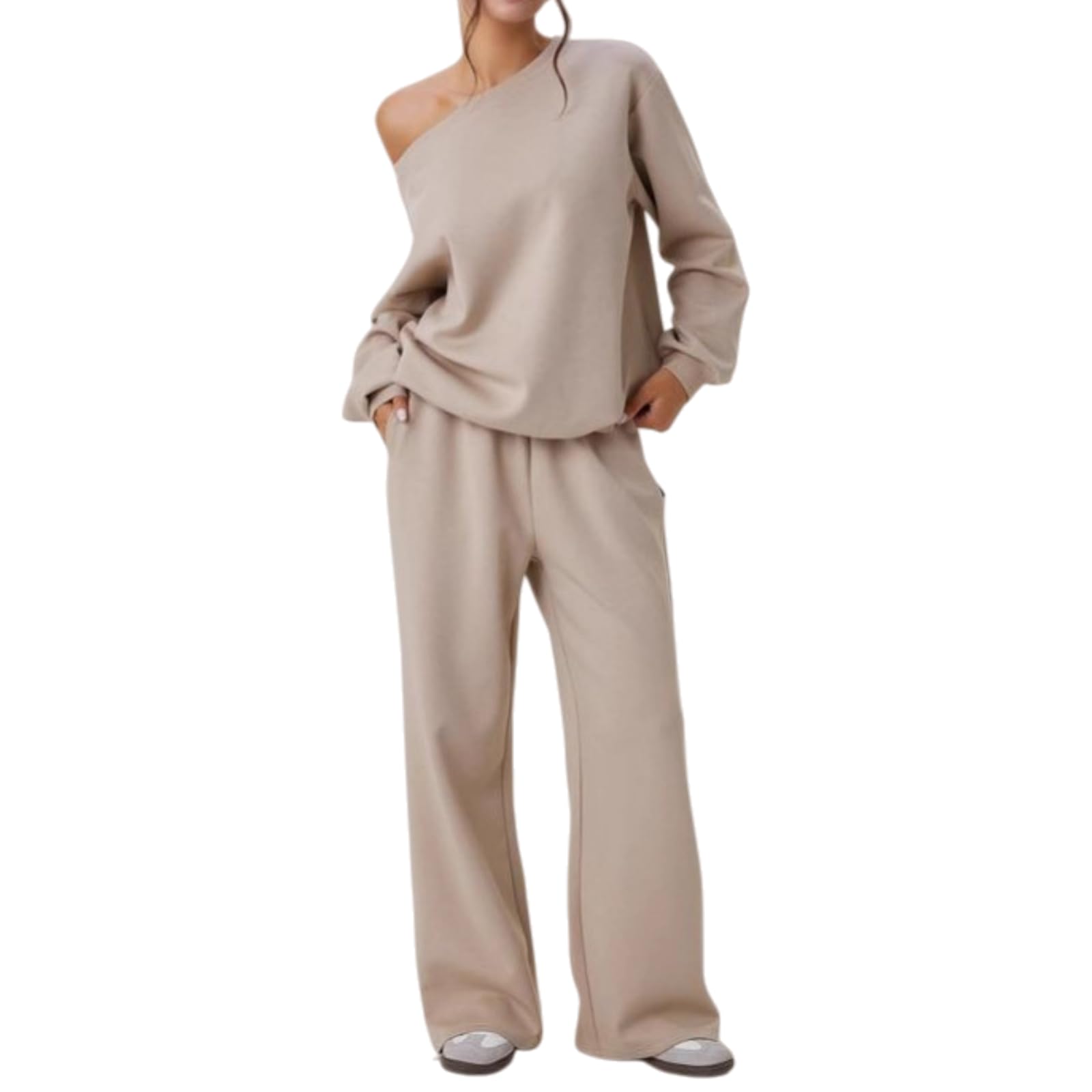 Ensemble 2 pièces assorti pour femme, pull surdimensionné à épaules dénudées et pantalon de jogging à jambe large