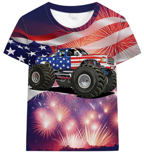 Image of Boys 4th of July Shirt American Flag Tshirt for Kids USA Flag Outfits Toddler Patriotic Tee Monster Truck Top T-Shirt 3-10T