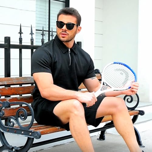 GYMELITE Men's 2 Piece Short Sets Outfits Summer Polo Shirts and Shorts Casual Zip Short Sleeve Fashion Shorts Tracksuit Set3
