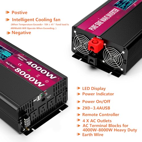Image of 4000W Pure Sine Wave Power Inverter 12V DC to 110V /120V AC, 8000W Peak with Remote Control, 4 AC Outlets, Dual USB, LED Display, Heavy Duty Converter for RV, Truck, Solar System, Off-Grid & Emergency