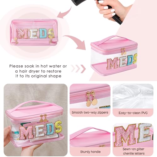 Large Waterproof Chenille Letter Medicine Clear Makeup Bag, Transparent PVC Nylon Preppy Patch Cosmetic Bag with Handle, Portable Meds First Aid Travel Organizer Cosmetic Bag (04MEDS-Light Pink)3