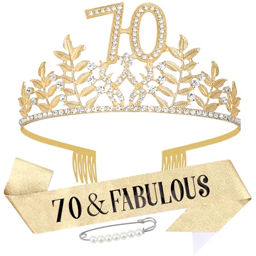Chanaco 70th Birthday Decoration for Women 70 & Fabulous Birthday Sash and Crown Gold Crystal Tiara Glitter Queen Sash Gift Set Rhinestone Hair Accessories for Party Favors