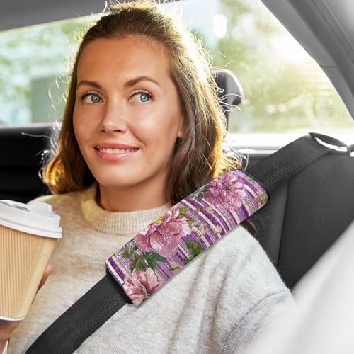 Image of 2 Pack Seatbelt Covers Seat Belt Cover Pad for Adults Boys Girls Car Seat Strap Covers Pads Cushion Universal Shoulder Strap Pad Protector for Backpack Camera Bag 10x7.7Inch Cute Pink Striped Roses