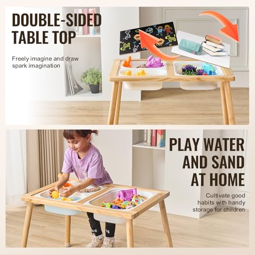 Image of VEVOR Sensory Table for Toddlers, Kids Activity with 3 Foldable Storage Bins & Double-Sided Board, Indoor /Outdoor Play Sand and Water Table, Wooden Kids Sensory for Drawing Studying