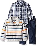 Nautica Baby Three Piece Set with Woven Shirt, Striped Shawl Sweater, and Twill Pant, Grey Heather, 12 Months