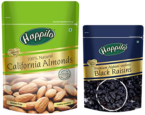 Image of Happilo 100% Natural Premium Californian Almonds Value Pack Pouch,Dried,500g & Premium Afghani Seedless Black Raisins, 250g
