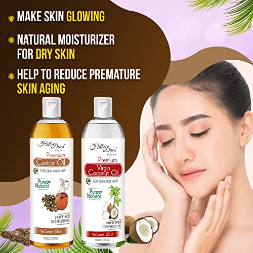 Image of Castor oil (200 ml) and Virgin Coconut oil (VCO)(200 ml) Combo - Cold Pressed - Moisturizes the Skin and Promotes soft and Shiny Hair