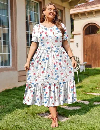 Image of IN'VOLAND Women Plus Size Short Sleeve Dress Loose Plain Casual Summer Flowy Tiered Long Maxi Dresses with Pockets