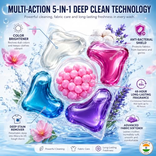 Image of (PACK OF 50) 5-in-1 Magic Laundry Detergent Pods Pro | Tough Stain Remover for Top & Front Load Washing Machines | Floral Fresh Fragrance | Eco-Friendly Dissolvable Pods | 1 Pod = 1 Wash (5-7kg Load)
