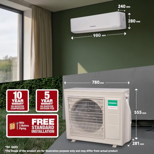 Image of GENERAL 1.5Ton BEE 2026 3 Star Rated,Inverter Split AC(ASGG18CPWA-B,White,Copper,5300W,Powerful Cooling,15m Long Reach Airflow,4 Way Swing,55C Max,Suitable for 170~200 Sft,Free Standard Installation)