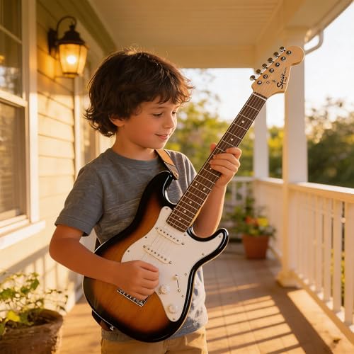 Image of Fender Squier 3 /4-Size Kids Mini Strat Electric Guitar - Sunburst Bundle with Amplifier, Cable, Tuner, Strap, Picks, and Austin Bazaar Instructional DVD